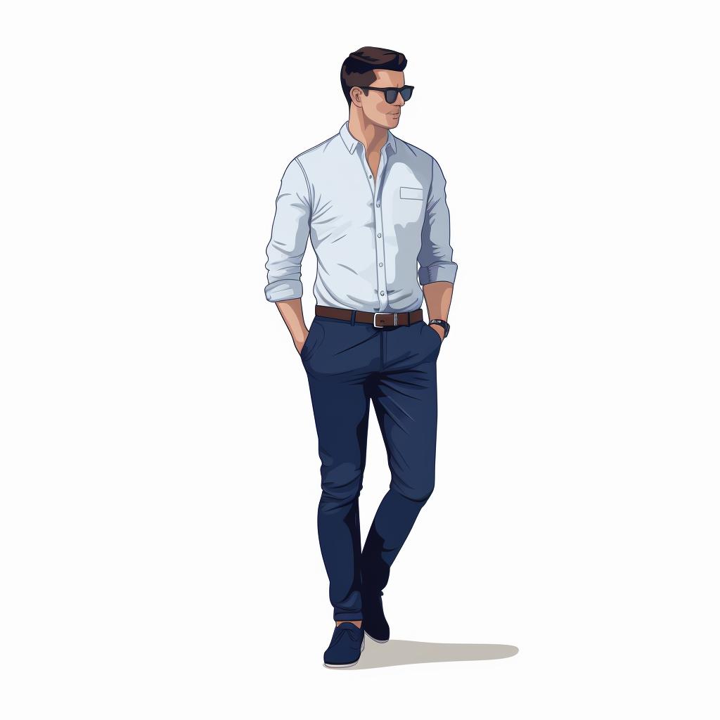 Man pairing a light blue shirt with navy blue pants